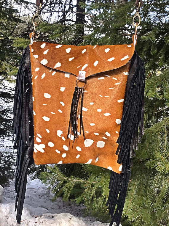 Faux Axis Deer Cowhide Bohowestern Bag With Long Black Fringe and Tassel  Pack up Your Tablet in Style, Cowgirl Fashion - Etsy