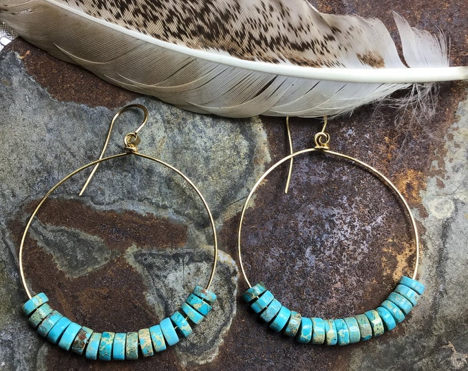 Beach hoops bronze large hoops with turquoise imperial jasper lightweight