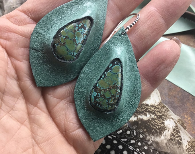 Beautiful teal soft peacock looking leather with stunning Hubei matrix turquoise set with Sterling ball ear wires