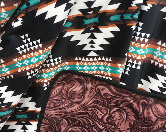 Beautiful ultra soft lap throw double sided Aztec print with tooled leather print reversible style blanket,western, western decor