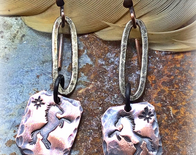 Dainty rearing rustic pony earrings on oxidized oval hoops with copper ear wires, horse lover