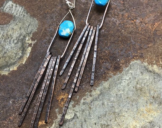 Long turquoise Kingman mined turquoise with oxidized copper dangles rockstar fun