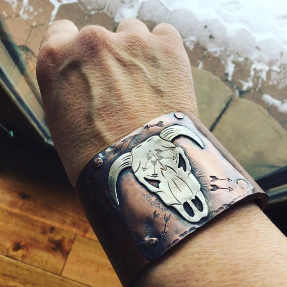 Take no bull cuff, artisan skull, OOAK, by Weathered Soul jewelry, cowgirl, boho,,vintage inspired,distressed leather, cow skull,western