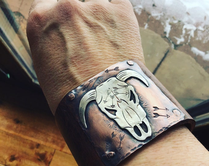 Take no bull cuff, artisan skull, OOAK, by Weathered Soul jewelry, cowgirl, boho,,vintage inspired,distressed leather, cow skull,western