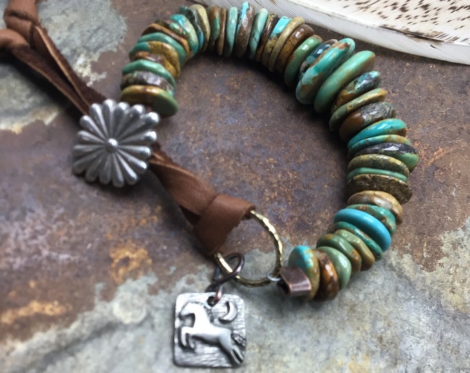 Genuine turquoise chunky bracelet with leather and western concho button closure with elk leather and jumping pony charms cowgirl style