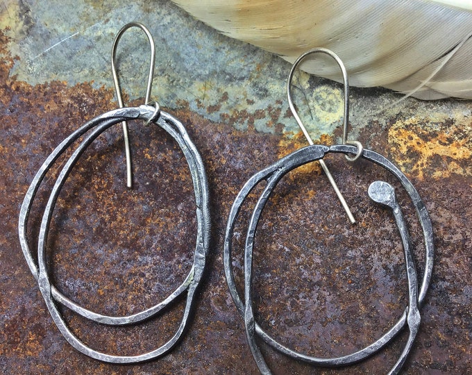 Abstract organic rustic oxidized sterling hammered larger hoops by Weathered Soul,minimalist style,urban chic