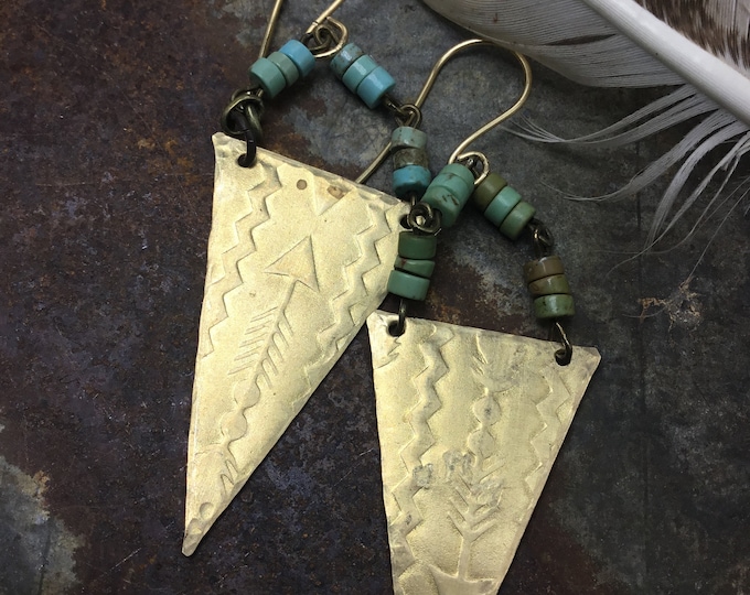 Bronze arrow embossed triangle earrings with bronze rosary style turquoise chain, urban cowgirl