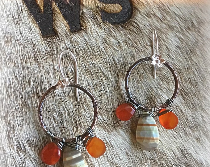 Rustic copper hoops with lemon Boulder opal and carnelian stones with sterling flower ear wires by Weathered Soul jewelry, artisan hoops