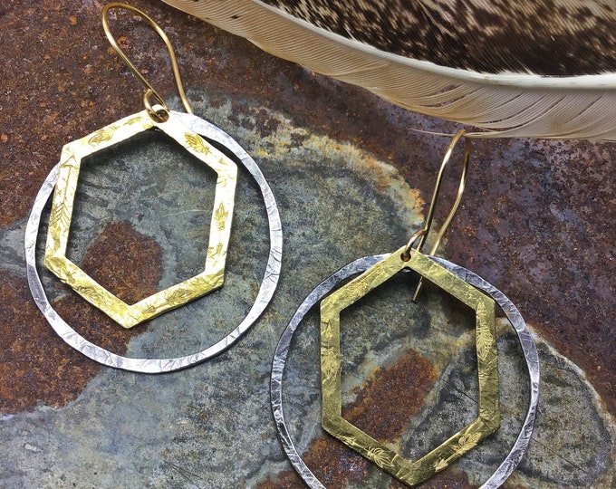 Double trouble sterling and bronze rustic medium hoops by Weathered Soul jewelry, Sundance style,artisan jewelry,urban chic,USA crafted