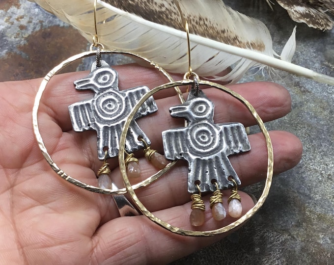 Featured listing image: Modern western vibe Thunderbird silver and bronze hoops with sunstone by Weathered Soul jewelry