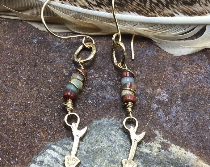 Sweet little Fall colored tones of imperial jasper with grays pale blues and rust red tones, tiny bronze hoops and arrows,make these a go to