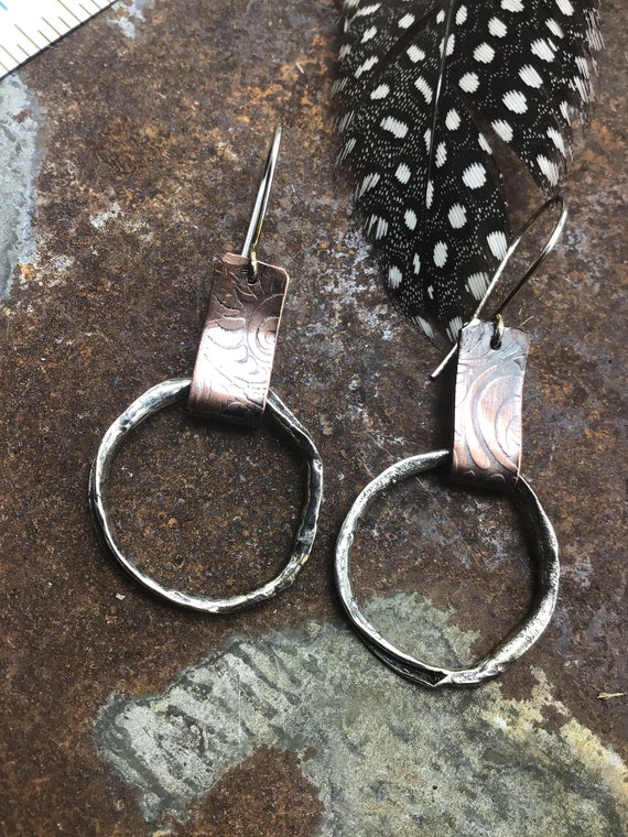 Rough and rowdy organic sterling hoops with embossed tooled copper patterned metal oxidized to perfection, cowgirl fashion