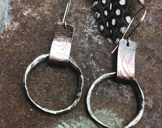 Rough and rowdy organic sterling hoops with embossed tooled copper patterned metal oxidized to perfection, cowgirl fashion