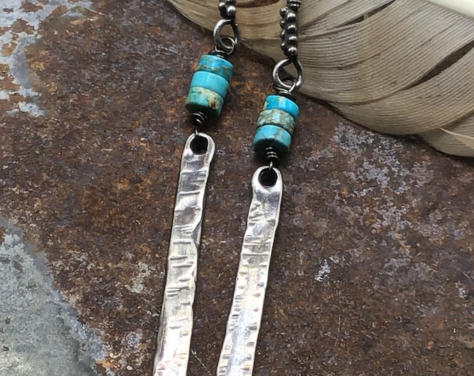 Long elegant rustic bars of sterling topped off with a wee bit of turquoise and cool ball ear wires make these an everyday style