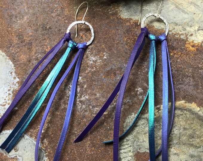 Wild purple rhapsody metallic leather and sterling hammered hoop earrings by Weathered soul, rockstar ready with these show stoppers