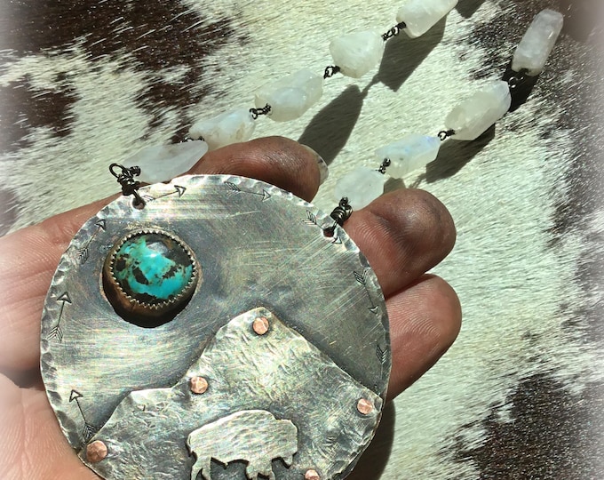 Made to order buffalo roam necklace by Weathered soul, leather and pearls with bison scene handcrafted ,with  buffalo nickel button closure