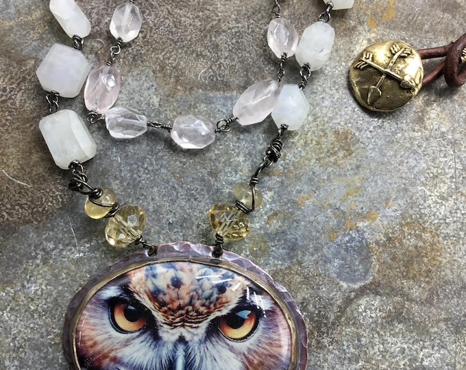 Night owl necklace by Weathered Soul moonstone and citrine make up this beautiful brilliantly detailed owl pendant necklace with leather