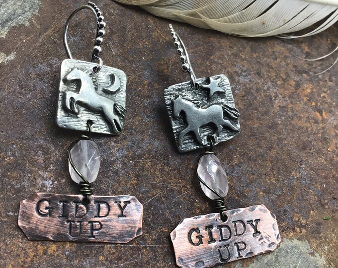 Giddy up earrings by Weathered Soul, sterling ear wires and cute ponies adorn these sweet earrings with rose quartz,horse lover