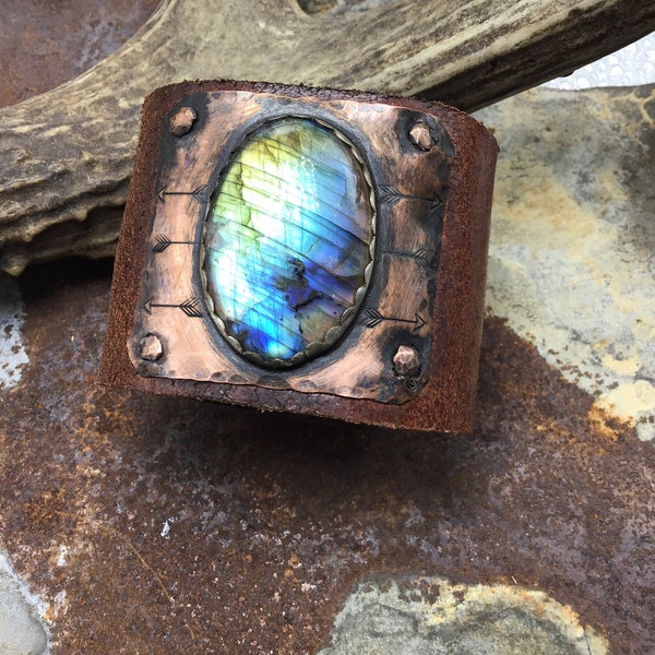 Made to order! Flashy Labradorite on sterling and copper cuff, vintage leather, statement cuff ,urban chic, artisan cuff, OOAK cuff, USA