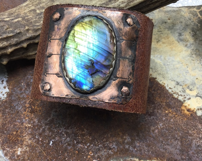 Made to order! Flashy Labradorite on sterling and copper cuff, vintage leather, statement cuff ,urban chic, artisan cuff, OOAK cuff, USA