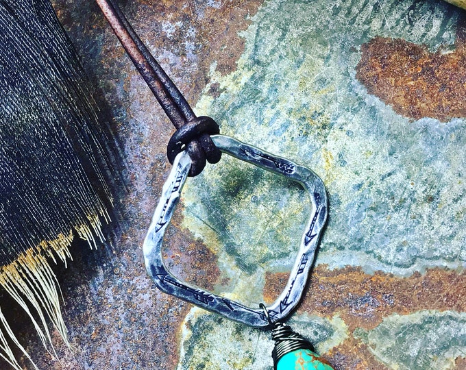 Simplistic rustic medium hammered sterling arrow embossed square hoop with a beautiful touch of brown turquoise teardrop drop stone