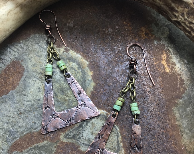 Fun copper arrow embossed rustic earrings by Weathered Soul