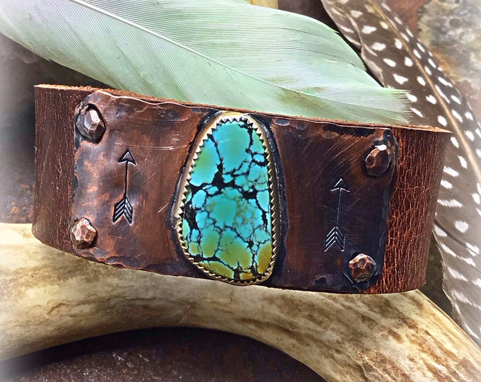 Made to order all turquoise varies on these sweet arrow embossed leather distressed cuff bracelets, dainty western flaire