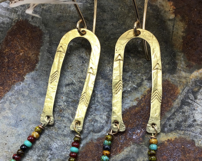 Sweet simplicity earrings by Weathered Soul jewelry, dainty lightweight bronze arches with Southwest flair, tiny seed bead drops