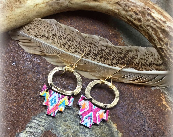 Fun bright aztec style bronze hoops with leather