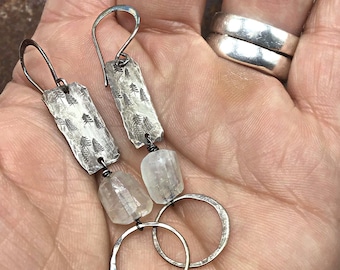 Sterling Silver Rainbow Moonstone Earrings, Tiny Forest Hoops