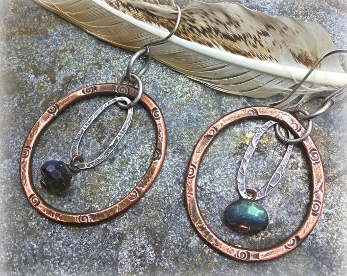 Heavy gauge copper rustic stamped hoops with sterling oval inside hoops and flashy labradorite dangles, urban chic fun bouncing vibe,rustic