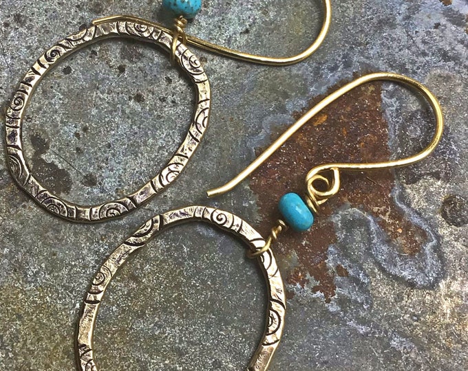 Bronze medium hammered hoops with wire wrapped turquoise teardrops,artisan made by Weathered Soul jewelry