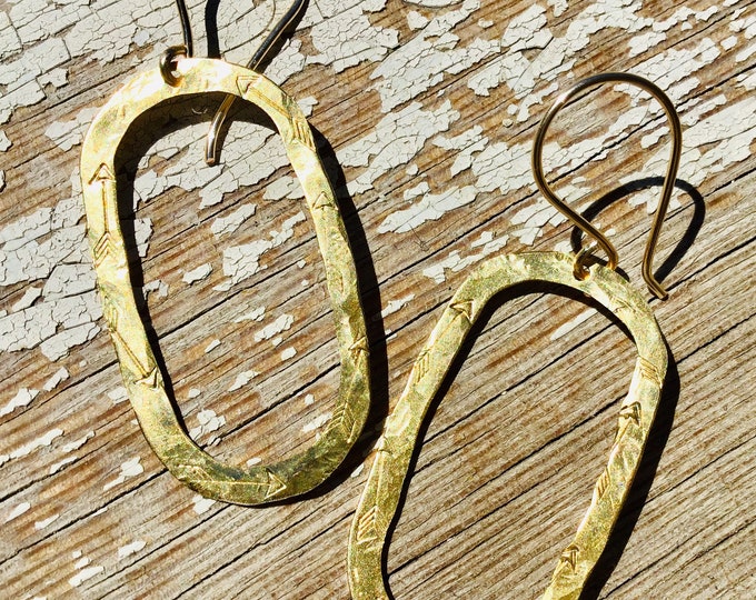 Arrow embossed bronze oval hoop earrings by Weathered Soul, super lightweight, quality, artisan, USA made, urban, cowgirl, classy, simple