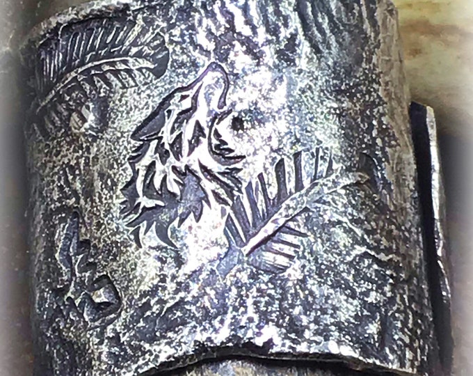 Extremely wide very rustic howling wolf ring by Weathered Soul reticulated oxidized organic and stunning, feathers and patterns on band also