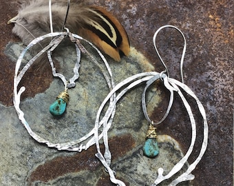 Crazy fun nest hoops with turquoise by Weathered Soul jewelry, artisan hoops, rustic hoops,rustic Cowgirl, cowgirl fashion, unique design