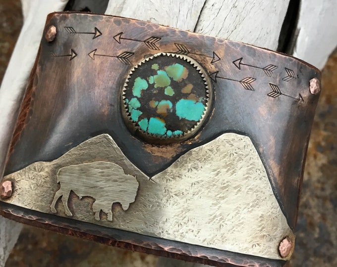 Where the buffalo roam cuff Made to order by Weathered Soul jewelry, leather,sterling,copper, bronze snap closure,artisan craftsmanship