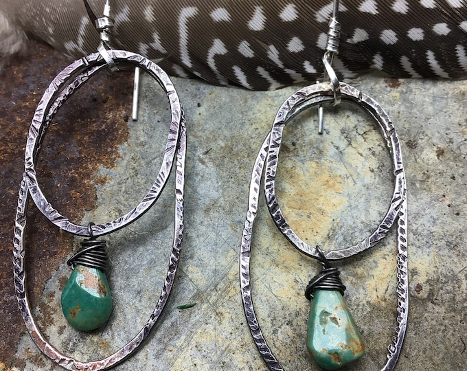 Double trouble large hoops with turquoise, rustic cowgirl, urban chic, western style,weathered Soul ,artisan hoops,sterling hoops