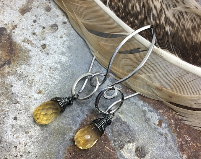 Itty bitty sterling Hoops with faceted citrine wire wrapped and long ear wires