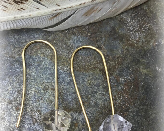 Dainty minimalist bronze Herkimer diamond earrings by Weathered Soul artisan jewelry,urban vibe night on the town simplistic design