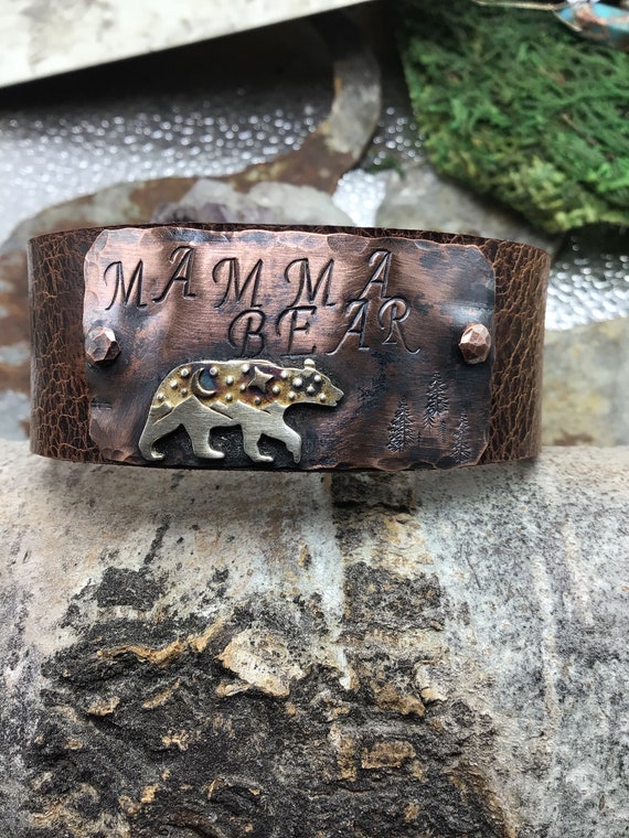 Mamma Bear leather, sterling, and copper cuff.