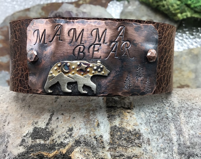 Mamma Bear leather, sterling, and copper cuff.