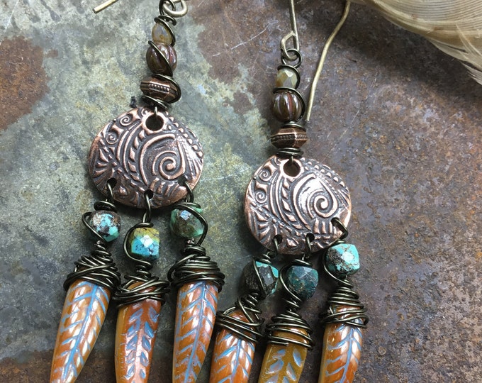 A fun tribal feel with these copper and Swarovski fire polished beads, rustic jewelry,weathered soul