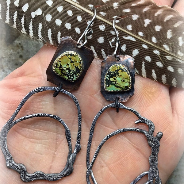 A touch of whimsy earrings by Weathered soul jewelry, very fun abstract hoops stamped with swirls and green Hubei turquoise on copper