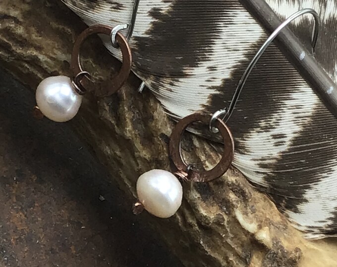 Itty bitty rustic copper hoops with stunning white fresh water pearls dangling with sterling ear wires, minimalist design