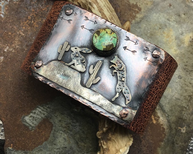 Fox and the rabbit leather wide cuff with Royston turquoise and distressed leather, artworks for your wrist