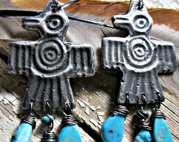 Jeweled Thunderbird earrings by Weathered Soul Jewelry, artisan made, bird lover, southwest, Native American, turquoise wire wrapped , USA