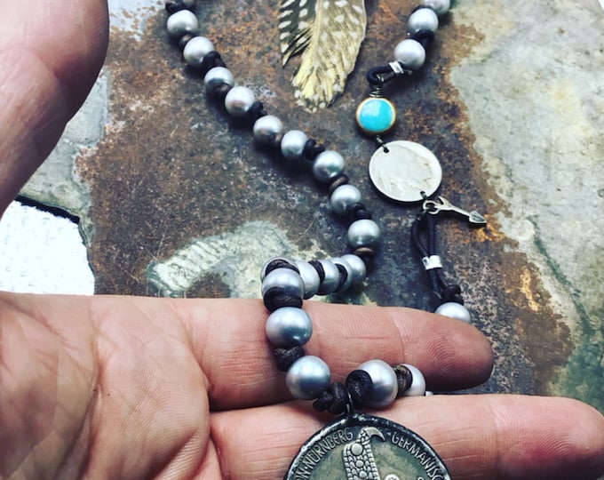 Vintage replica coin pearl and leather necklace with sweet details of Buffalo nickel and turquoise with a sweet little arrow,western style