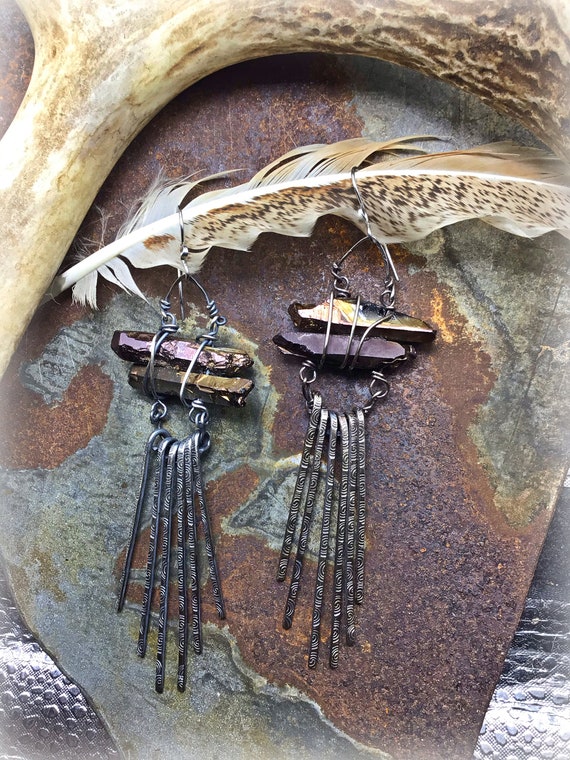 Feeling frisky earrings by Weathered Soul oxidized sterling with quartz crystals, rockstar, western fashion,cowgirl chic,bohowestern