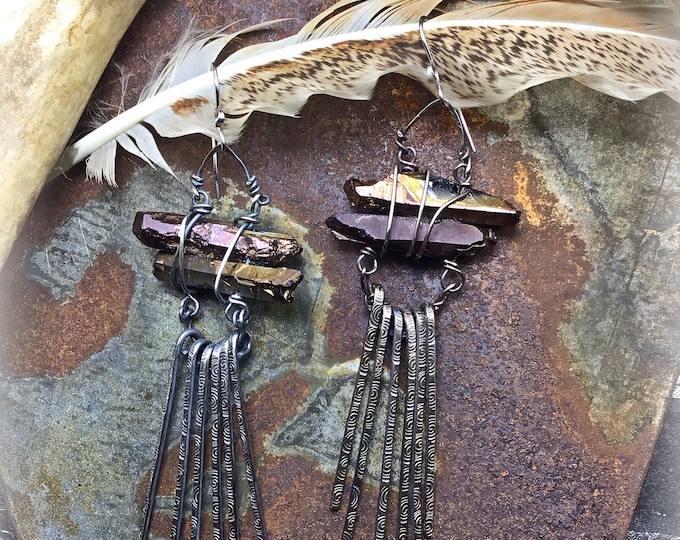 Feeling frisky earrings by Weathered Soul oxidized sterling with quartz crystals, rockstar, western fashion,cowgirl chic,bohowestern