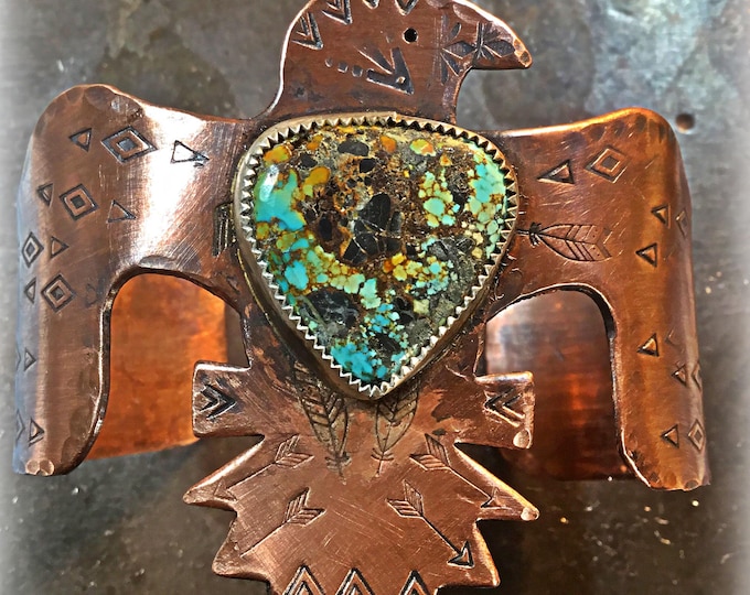 Featured listing image: Rustic Thunderbird copper cuff bracelet with natural blue mountain turquoise stone with stamping and some adjustable movement,weathered soul